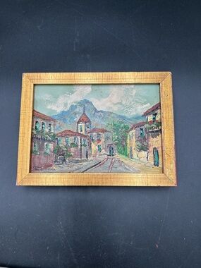 Framed Village Landscape Oil Painting in Gold Frame